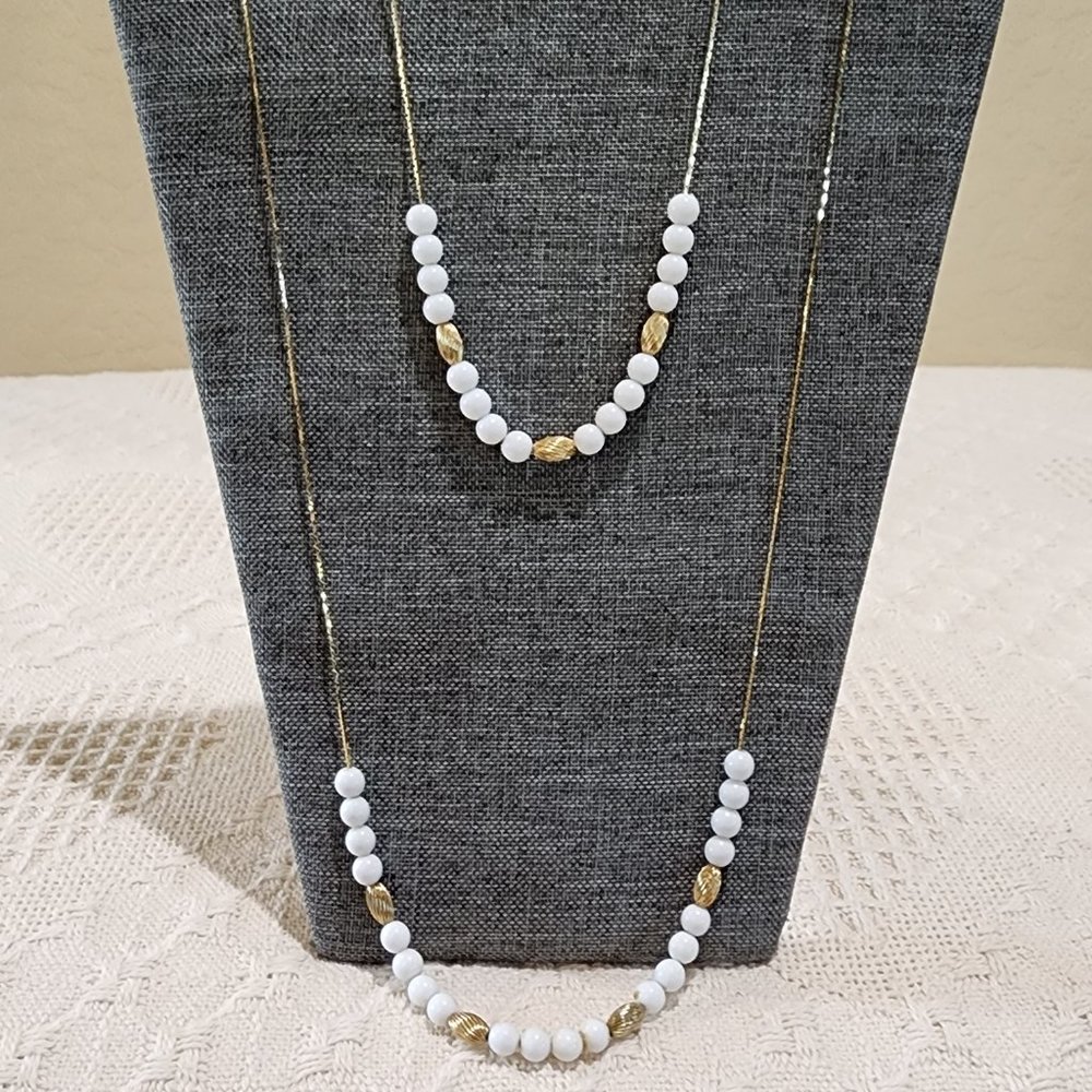 MCM 2 x Vintage Floating Round White and Spiral Gold Bead Gold Chain Necklace